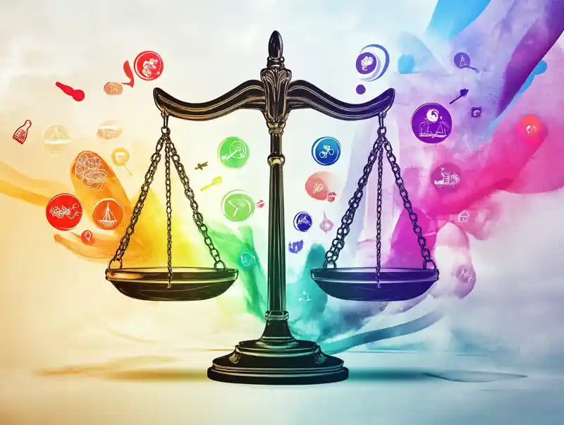 Legal scales with an abstract multicoloured background representing diversity and inclusion