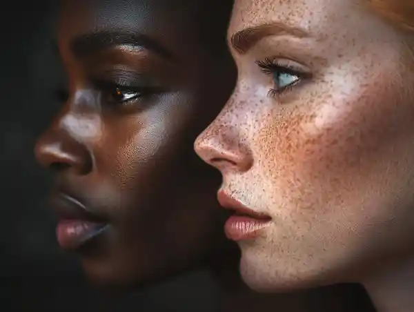 A black and a white female face in side profile